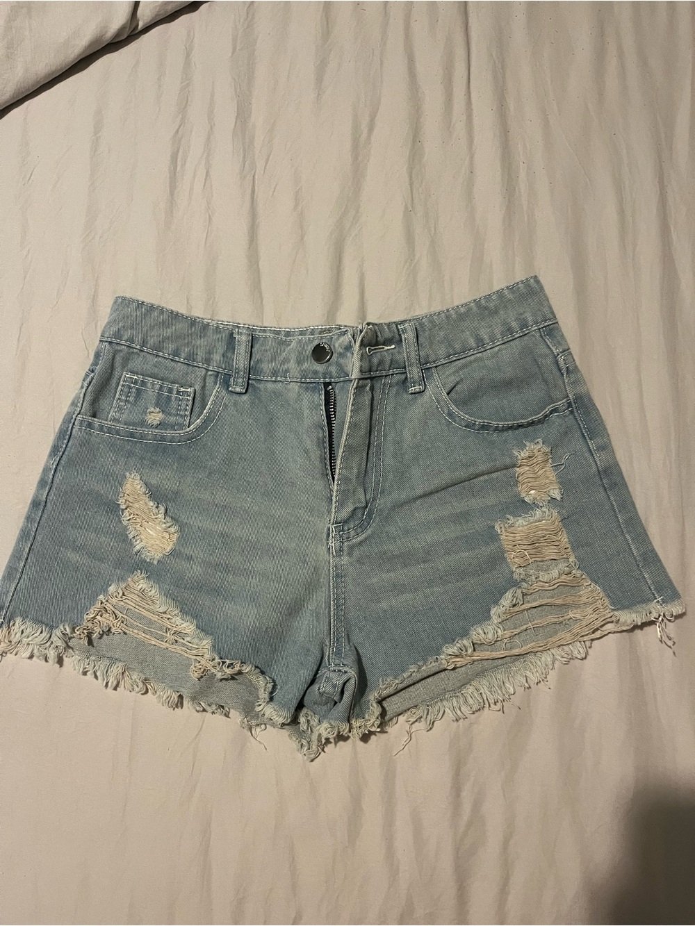 Light Wash Distressed Denim Shorts - Blue